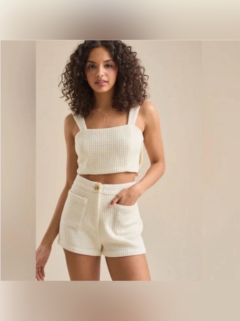 Altar’d State Tweed Ivory Crop Bow Top & Shorts Set
